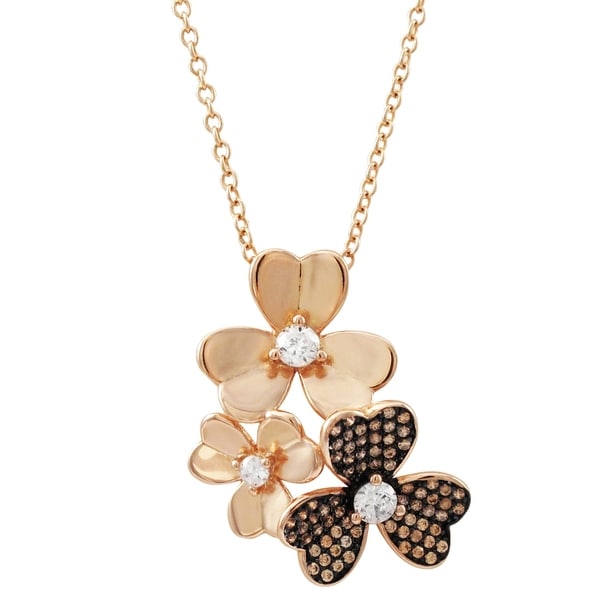 Luxiro Sterling Silver Two-tone Finish Champagne CZ's Floral Pendant Necklace. Opens flyout.
