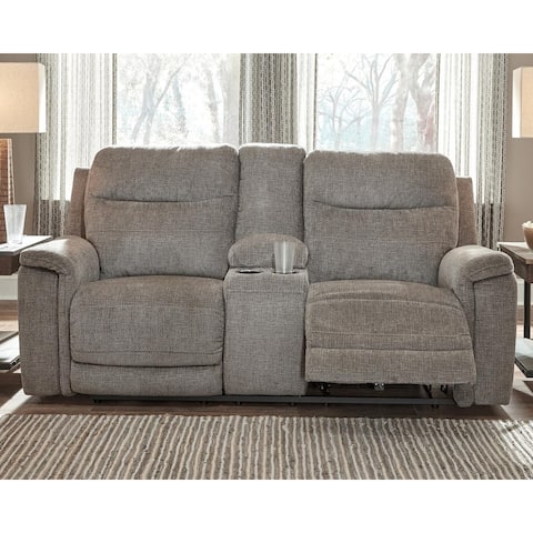 Mouttrie Contemporary Power Reclining Loveseat Console Adjustable Headrest, Smoke