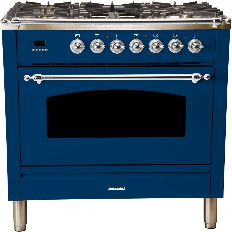 Overstock Ilve UPN90FDMPBLX 36" Nostalgie Series Dual Fuel Natural Gas Range, Capacity True Convection Oven, with Chrome Trim, in Blue