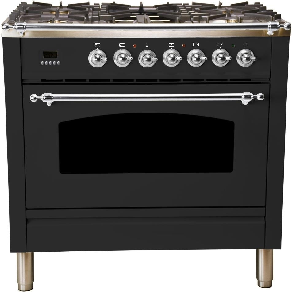 Overstock Ilve UPN90FDMPMXLP 36" Nostalgie Series Dual Fuel Liquid Propane Range, with Chrome Trim, in Matte Graphite
