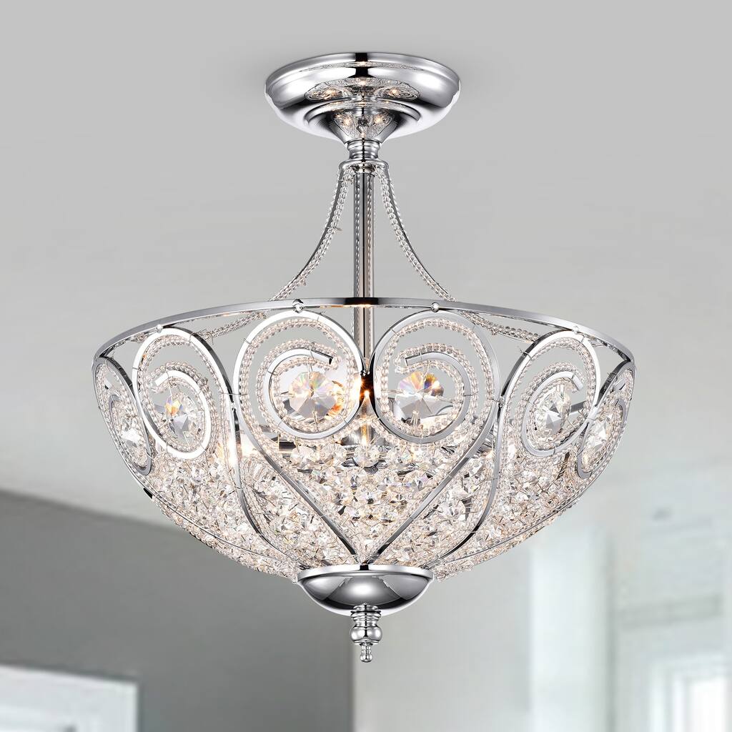 Silver Orchid Hart Chrome and Crystal 3-Light Semi-Flush Ceiling Lamp