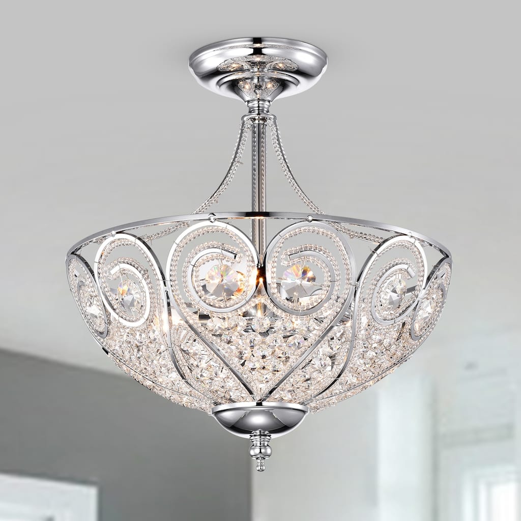 Silver Orchid Hart Chrome and Crystal 3-Light Semi-Flush Ceiling Lamp
