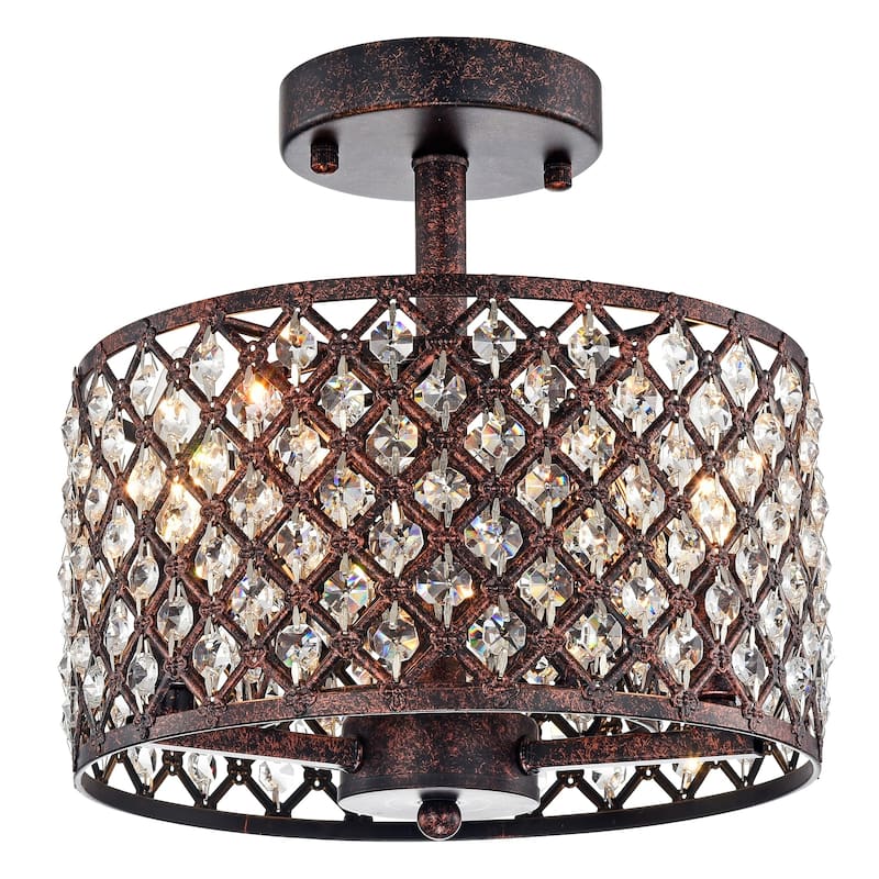 Gracewood Hollow Kang Rustic Bronze 3-light Semi-flush Mount with Crystal Drum Shade Accents