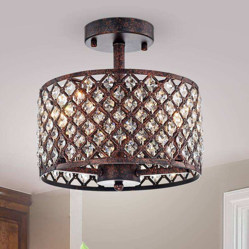 Gracewood Hollow Kang Rustic Bronze 3-light Semi-flush Mount with Crystal Drum Shade Accents