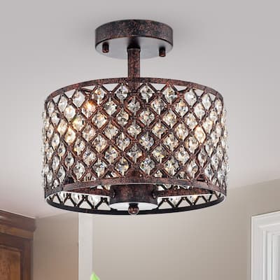 Gracewood Hollow Kang Rustic Bronze 3-light Semi-flush Mount with Crystal Drum Shade Accents