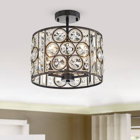 Moira Antique Bronze 3-Light Semi Flush Mount with Crystal Flower Drum Shade