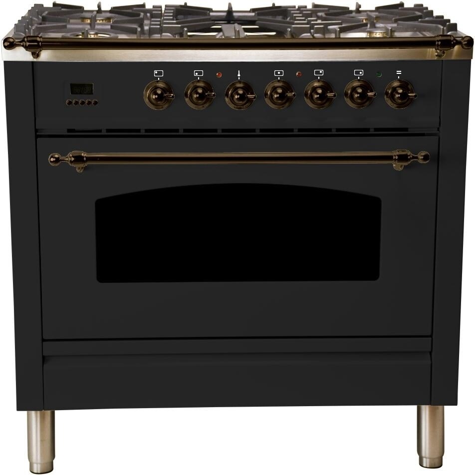Overstock Ilve UPN90FDMPNY 36" Nostalgie Series Dual Fuel Natural Gas Range, with Bronze Trim, in Glossy Black