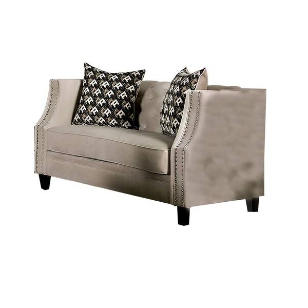 Fabric Upholstered Wooden Loveseat with Sloping Tufted Back, Beige