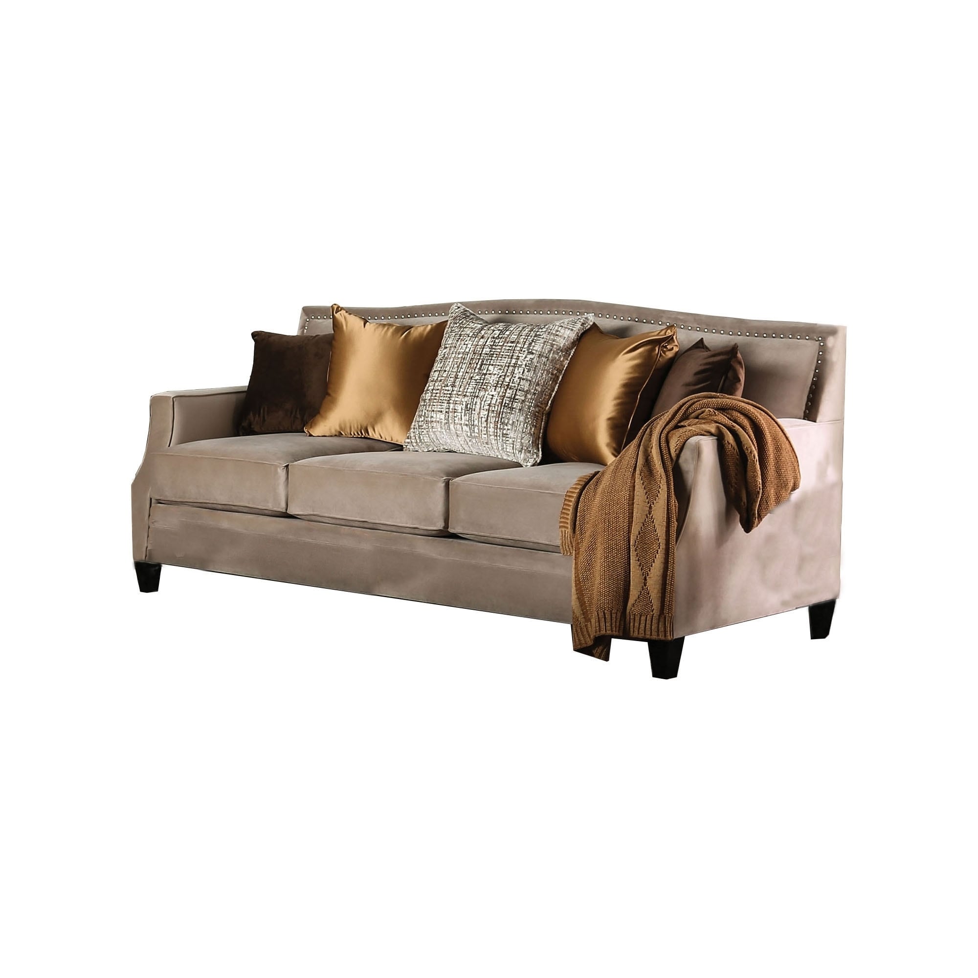 Fabric Upholstered Wooden Sofa With Sloped Track Arms Brown Fabric Upholstered Wooden Sofa