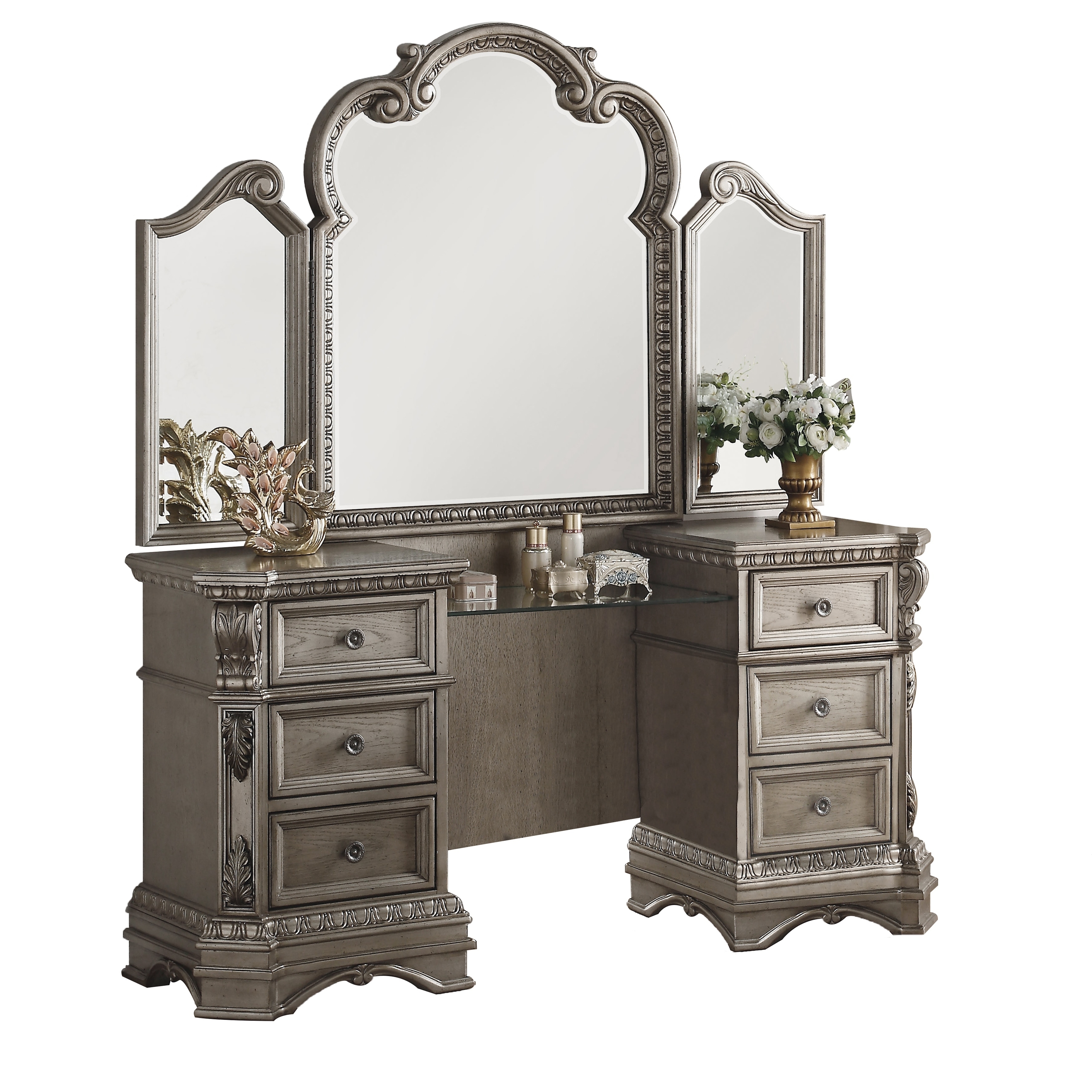 Shop Wooden Vanity Desk With Tri Fold Mirror And Glass Top Champagne Gold Overstock 30213352