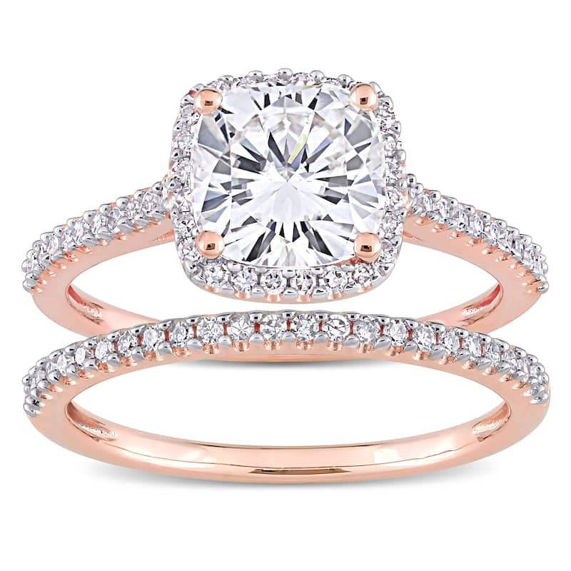 Miadora 2ct DEW Cushion-cut Moissanite and 1/3ct TDW Diamond Halo Bridal Ring Set in 14k Rose Gold