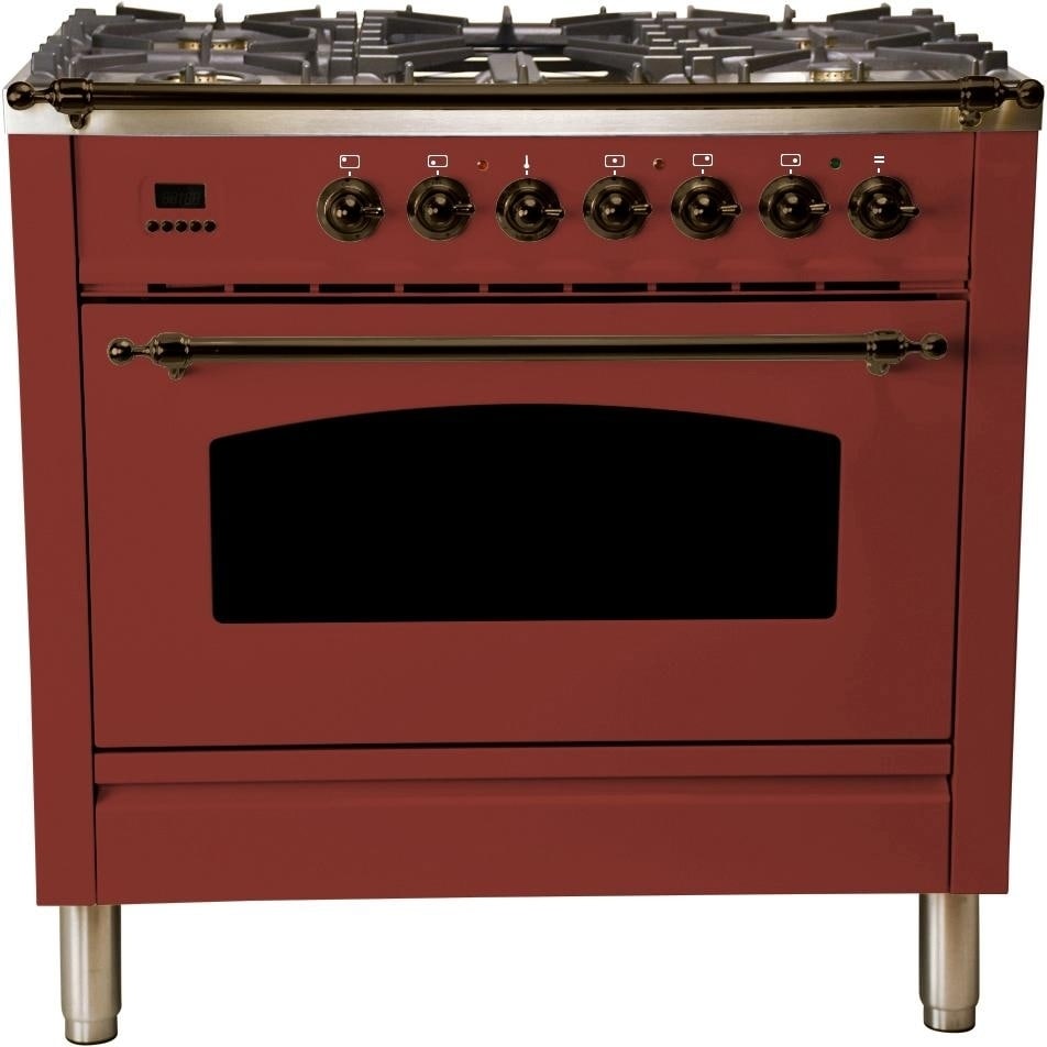 Overstock Ilve UPN90FDMPRBY 36" Nostalgie Series Dual Fuel Natural Gas Range, with Bronze Trim, in Burgundy