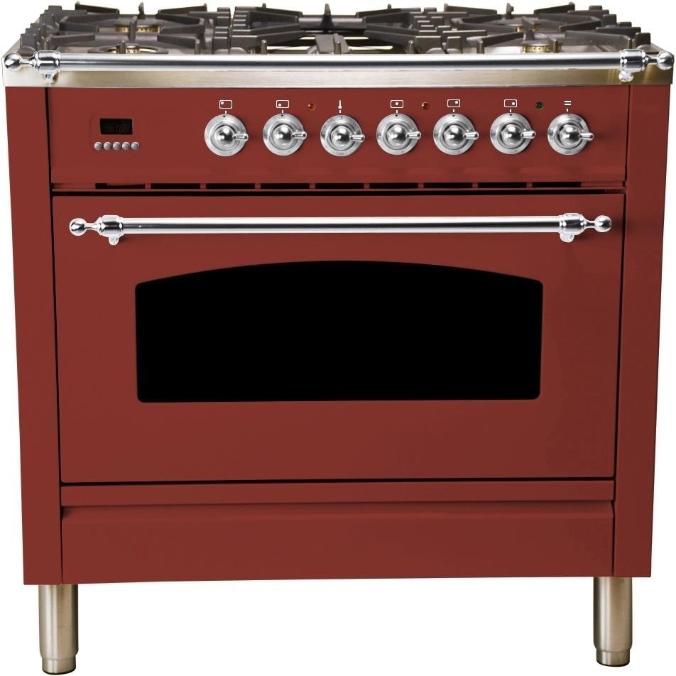 Overstock Ilve UPN90FDMPRBX 36" Nostalgie Series Dual Fuel Natural Gas Range, with Chrome Trim, in Burgundy