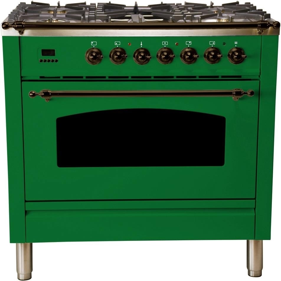Overstock Ilve UPN90FDMPVSYLP 36" Nostalgie Series Dual Fuel Liquid Propane Range, with Bronze Trim, in Emerald Green