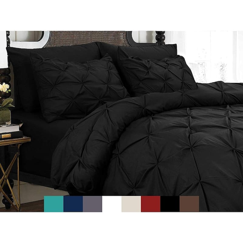 Porch & Den Secretariet Pinch Pleated Button 3-piece Duvet Cover Set - Full - Queen - Black