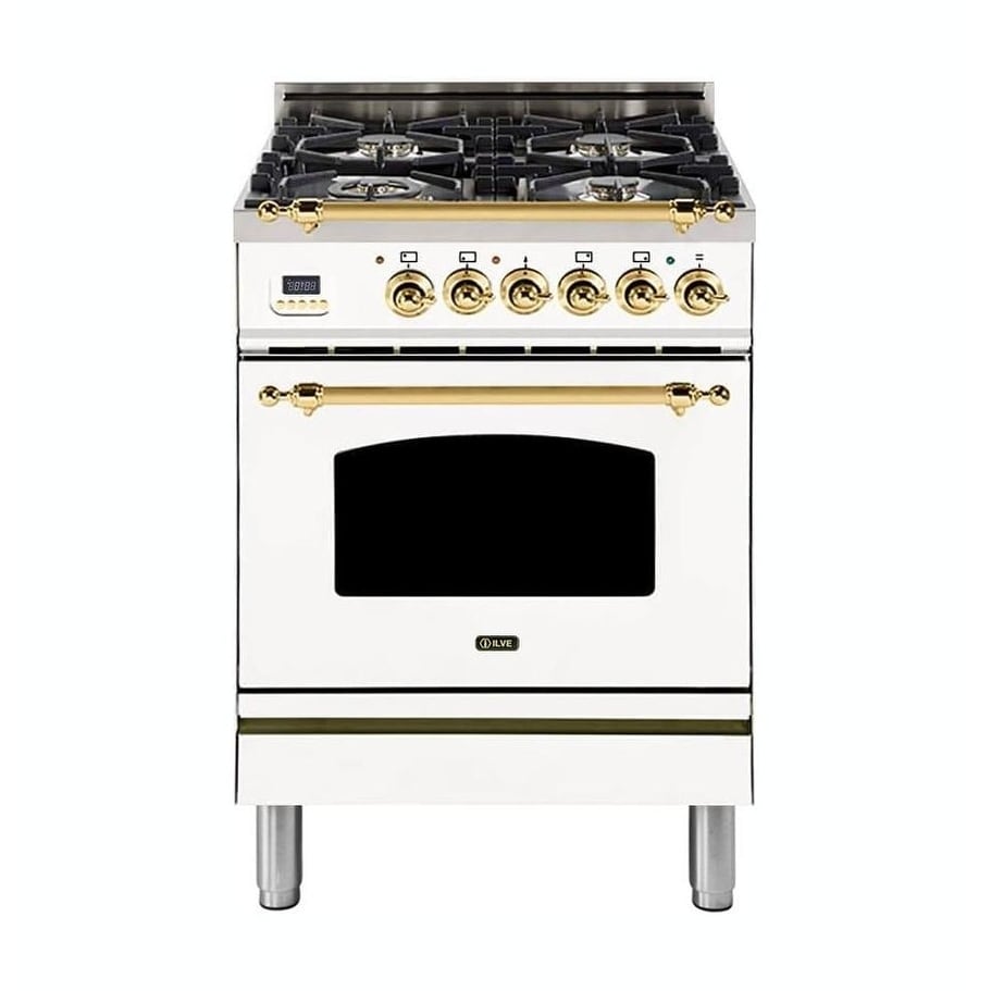 Overstock Ilve UPN60DMPBNG Natural Gas 24&quot; Nostalgie Series Freestanding Dual Fuel Range, 4 Sealed Burners, Brass Trim, in White