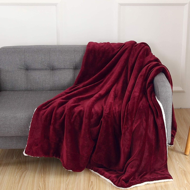 Elegant Comfort UltraPlush Micromink Sherpa-Backing Reversible Blanket - Throw 50" x 60" - Solid Burgundy