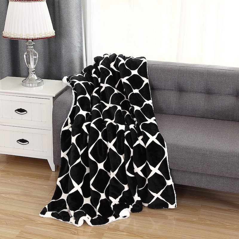 Elegant Comfort UltraPlush Micromink Sherpa-Backing Reversible Blanket - Throw 50" x 60" - Bloom Black
