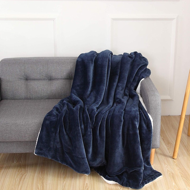 Elegant Comfort UltraPlush Micromink Sherpa-Backing Reversible Blanket - Throw 50" x 60" - Solid Navy