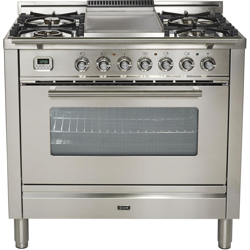 Ilve  UPW90FDMPILP 36" Pro Series Freestanding Dual Fuel Liquid Propane Range, 4 Sealed Burners, in Stainless Steel