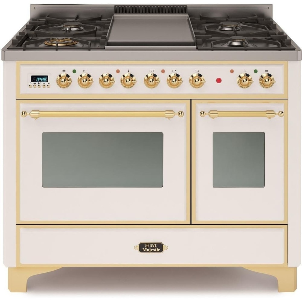 Ilve  UMD10FDNS3WHGNG  40" Majestic II Series Dual Fuel Range, 3.88 cu. ft. Total Oven Capacity, Gold Trim, in White