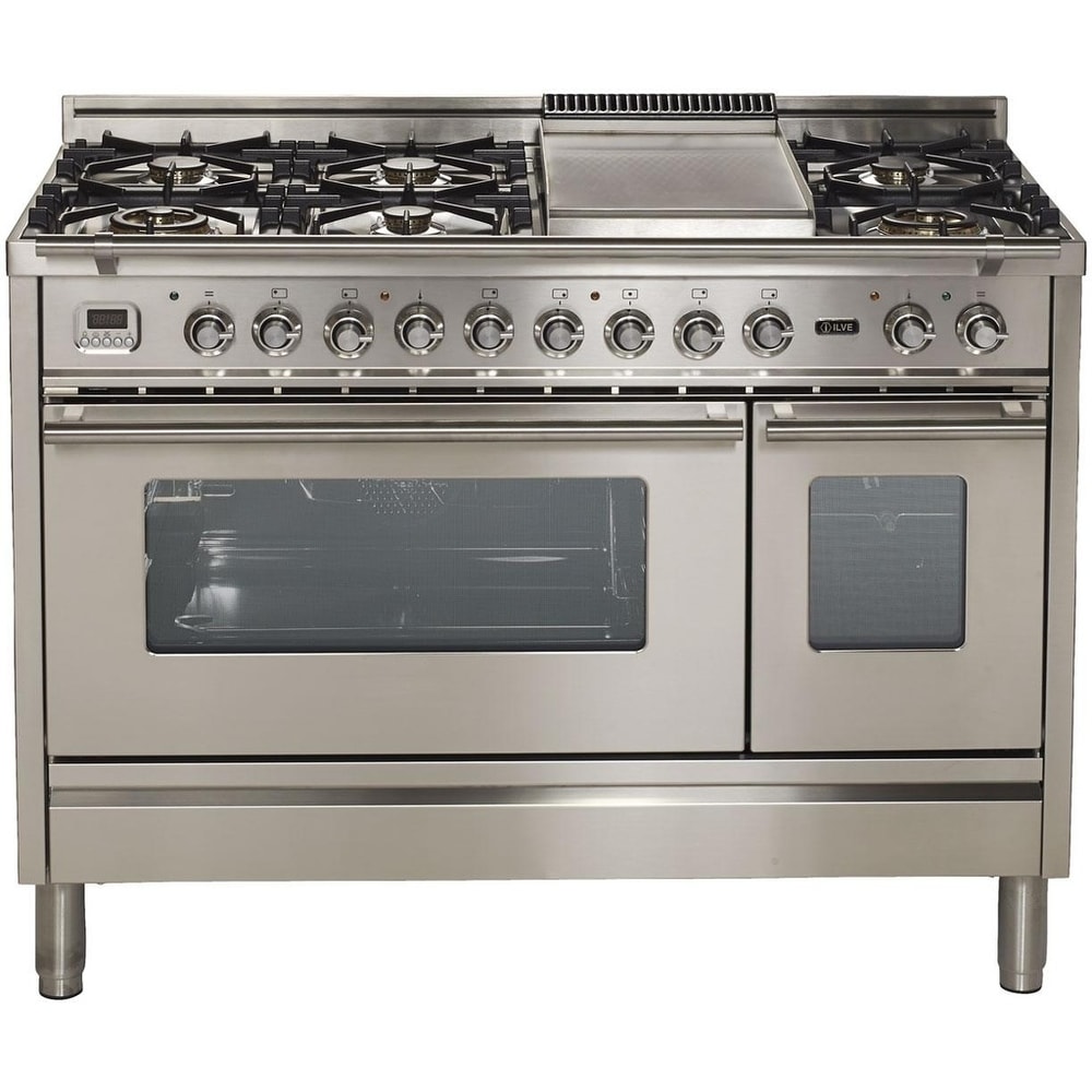 Ilve  UPW120FDMPI 48" Pro Series Freestanding Dual Fuel Range with 7 Sealed Burners, Double Ovens, in Stainless Steel