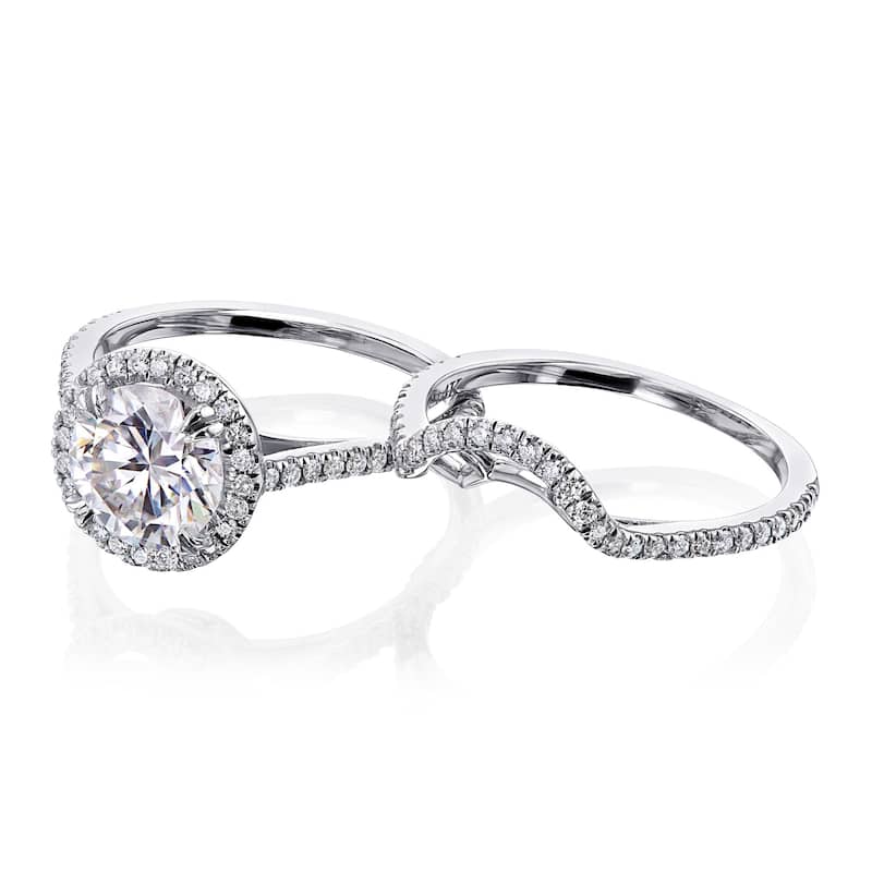Annello by Kobelli 14k Gold 1-9/10ct TGW 7.5mm Round Moissanite and Natural Diamond Halo Bridal Set (DEF/VS)