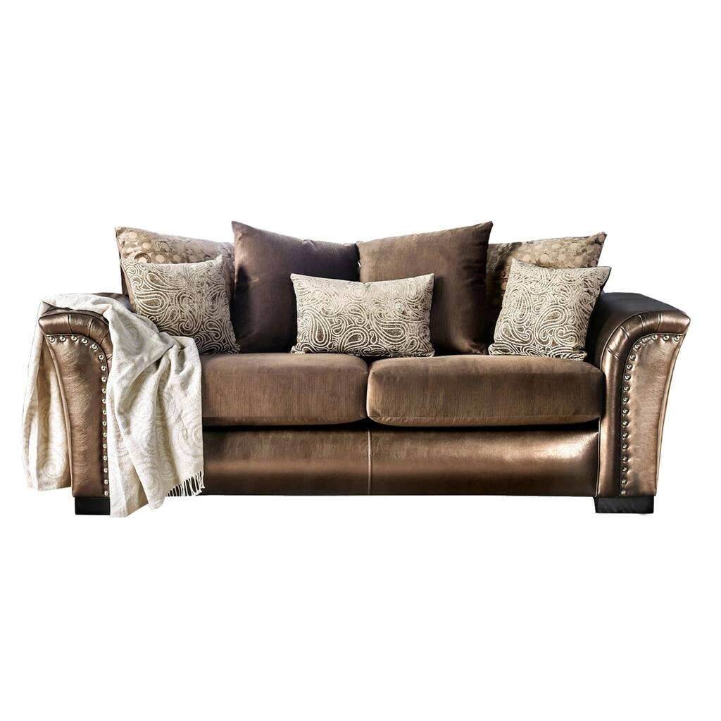 Transitional Style Wooden Sofa with Nailhead Trims, Bronze