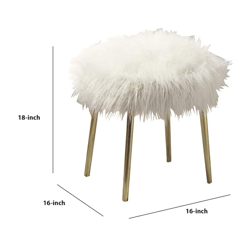 Faux Upholstered Contemporary Metal Ottoman, White and Gold