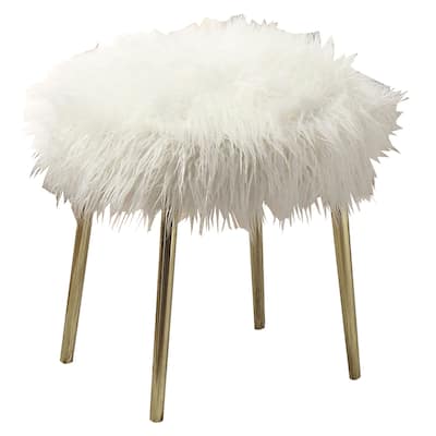 Faux Upholstered Contemporary Metal Ottoman, White and Gold