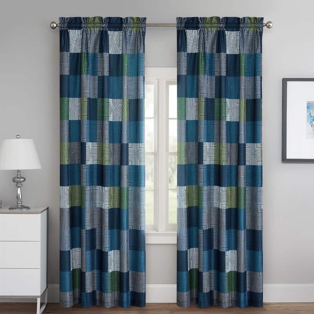 Blue Geo Block Curtain Panel - Set of Two