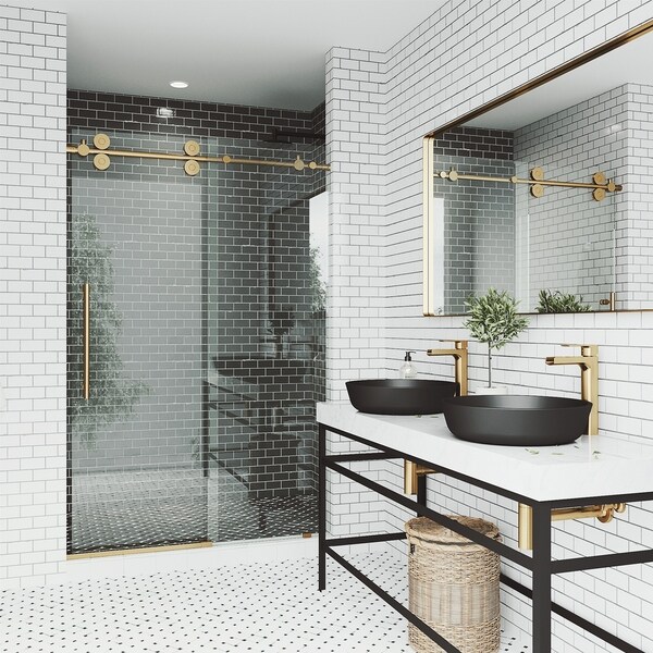 VIGO Elan Frameless Sliding Shower Door (in Matte Brushed Gold). Opens flyout.