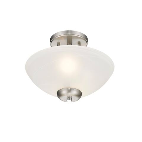 Simple 2 Light Etched Glass Semi-Flush Mount Satin Nickel Accents