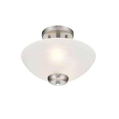 Simple 2 Light Etched Glass Semi-Flush Mount Satin Nickel Accents