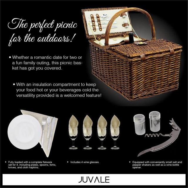 Picnic Basket Set for 4 Person, Includes Silverware, Glasses