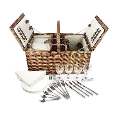 Picnic Basket Set for 4 Person, Includes Silverware, Glasses