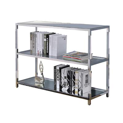Metal and Glass Sofa Table with 2 Open Shelves, Silver and Clear