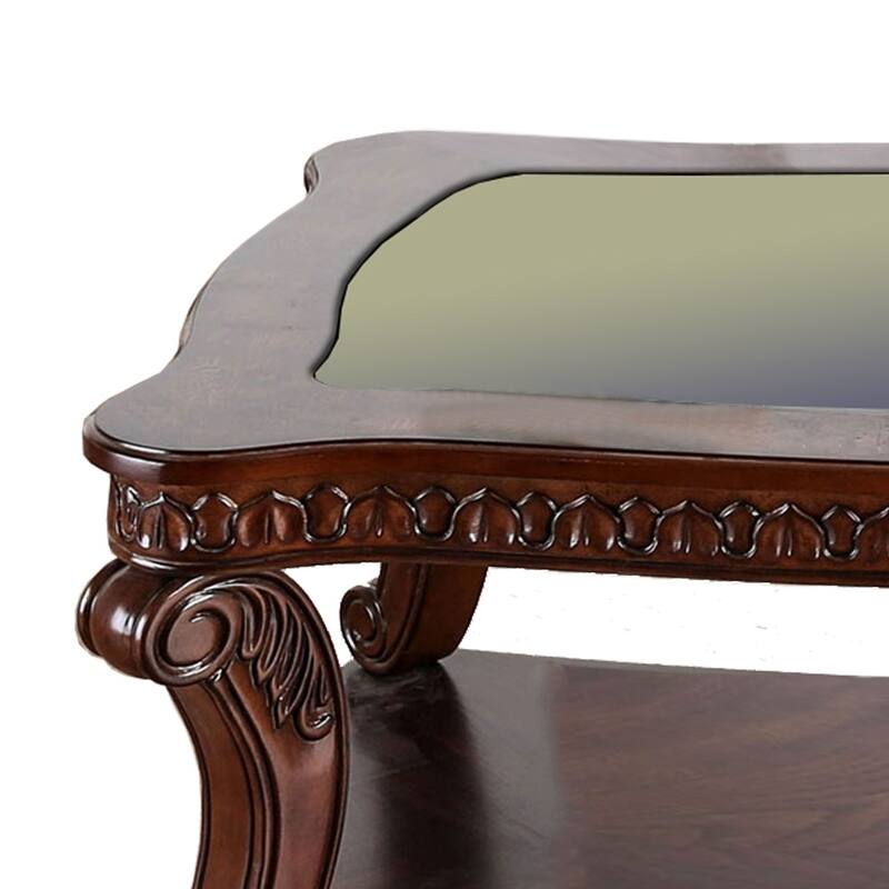 Traditional Coffee Table with Cabriole Legs and Wooden Carving, Brown