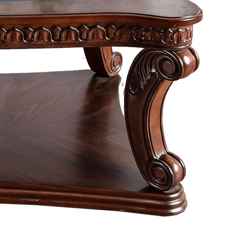Traditional Coffee Table with Cabriole Legs and Wooden Carving, Brown