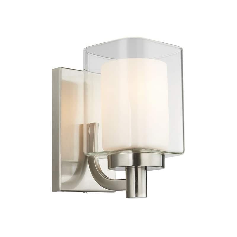 1-Light Bath Sconce Layered Clear and Frosted Glass Nickel Accent