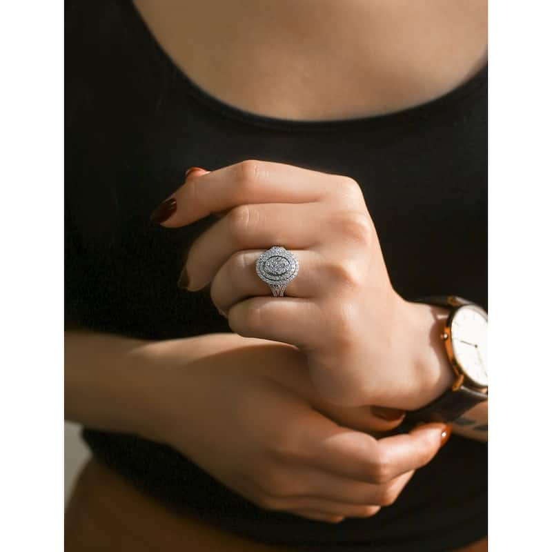 Annello by Kobelli 10k Gold 1 Carat TDW Oval Multi Diamond Cluster Split Shank Engagement Ring.