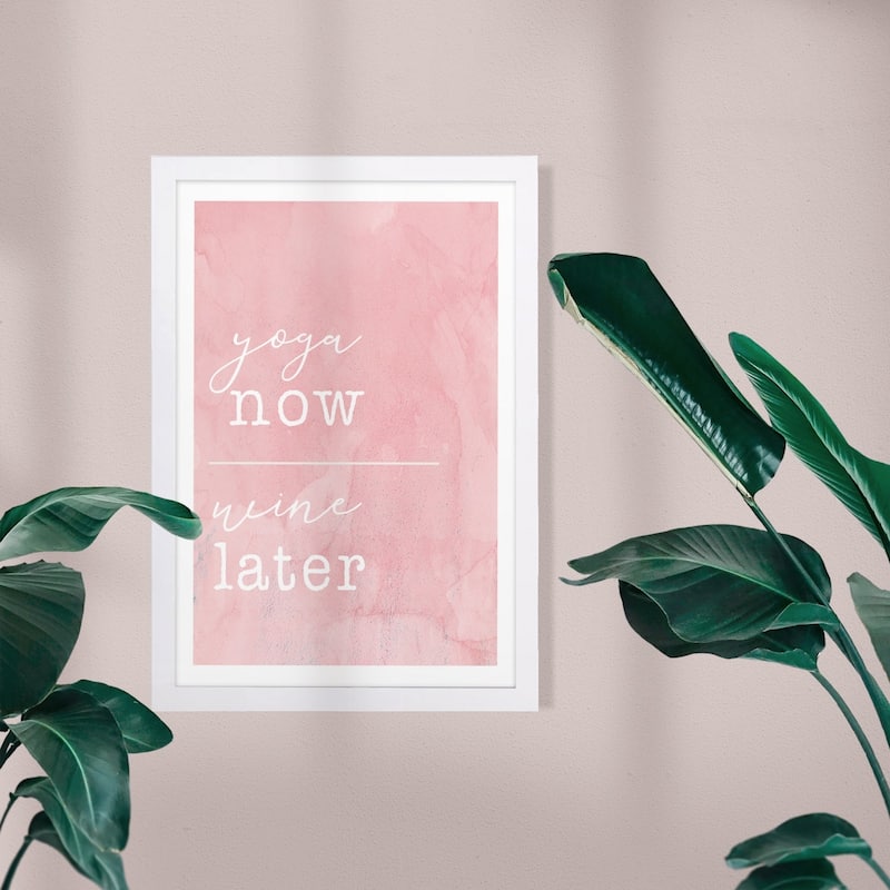 Wynwood Studio Typography and Quotes Framed Wall Art Prints 'Yoga and Wine' Quotes and Sayings Home Décor - Pink, White