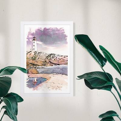 Wynwood Studio Nautical and Coastal Framed Wall Art Prints 'Cliff Side Lighthouse' Coastal Landscapes Home Décor - Blue, Brown