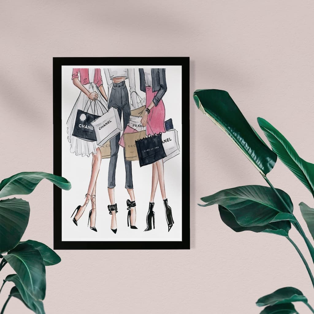 Wynwood Studio Fashion and Glam Framed Wall Art Prints 'Shopping Date' Outfits Home Décor - Pink, Black