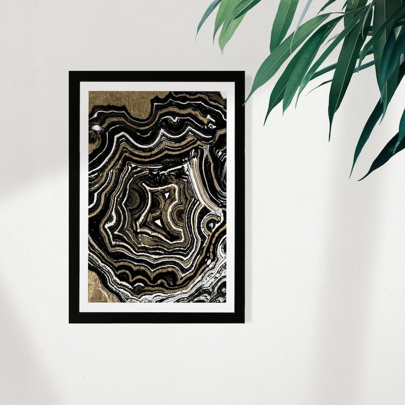 Wynwood Studio Abstract Framed Wall Art Prints 'Agate Black and Gold' Crystals Home Décor - Gold, Black