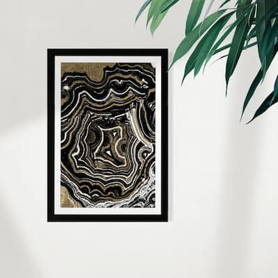 Wynwood Studio Abstract Framed Wall Art Prints 'Agate Black and Gold' Crystals Home Décor - Gold, Black