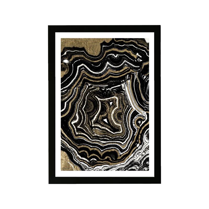 Wynwood Studio Abstract Framed Wall Art Prints 'Agate Black and Gold' Crystals Home Décor - Gold, Black