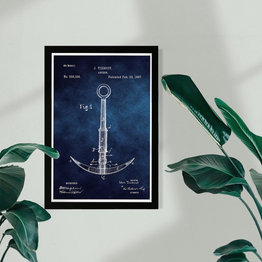 Wynwood Studio Nautical and Coastal Framed Wall Art Prints 'Anchor 1887- Chalboard Blue' Nautical Watercrafts - Blue, White