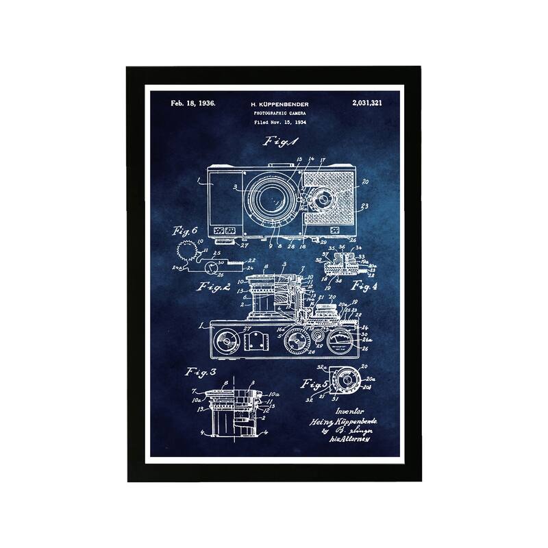 Wynwood Studio Entertainment and Hobbies Framed Wall Art Prints 'Kupenbender Camera 1936 Blue ' Photography - Blue, White