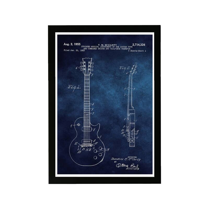 Wynwood Studio Music and Dance Framed Wall Art Prints 'Gibson Les Paul Guitar 1955 Blue ' Music Instruments - Blue, White